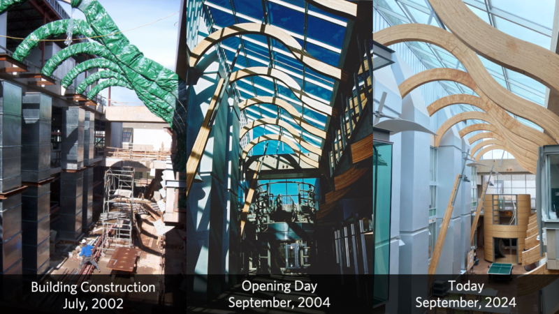 The Michael Smith Laboratories atrium is pictured across three different times: July, 2002, where the building was still under construction; September, 2004, on the opening day of the building; and today, September 2024.